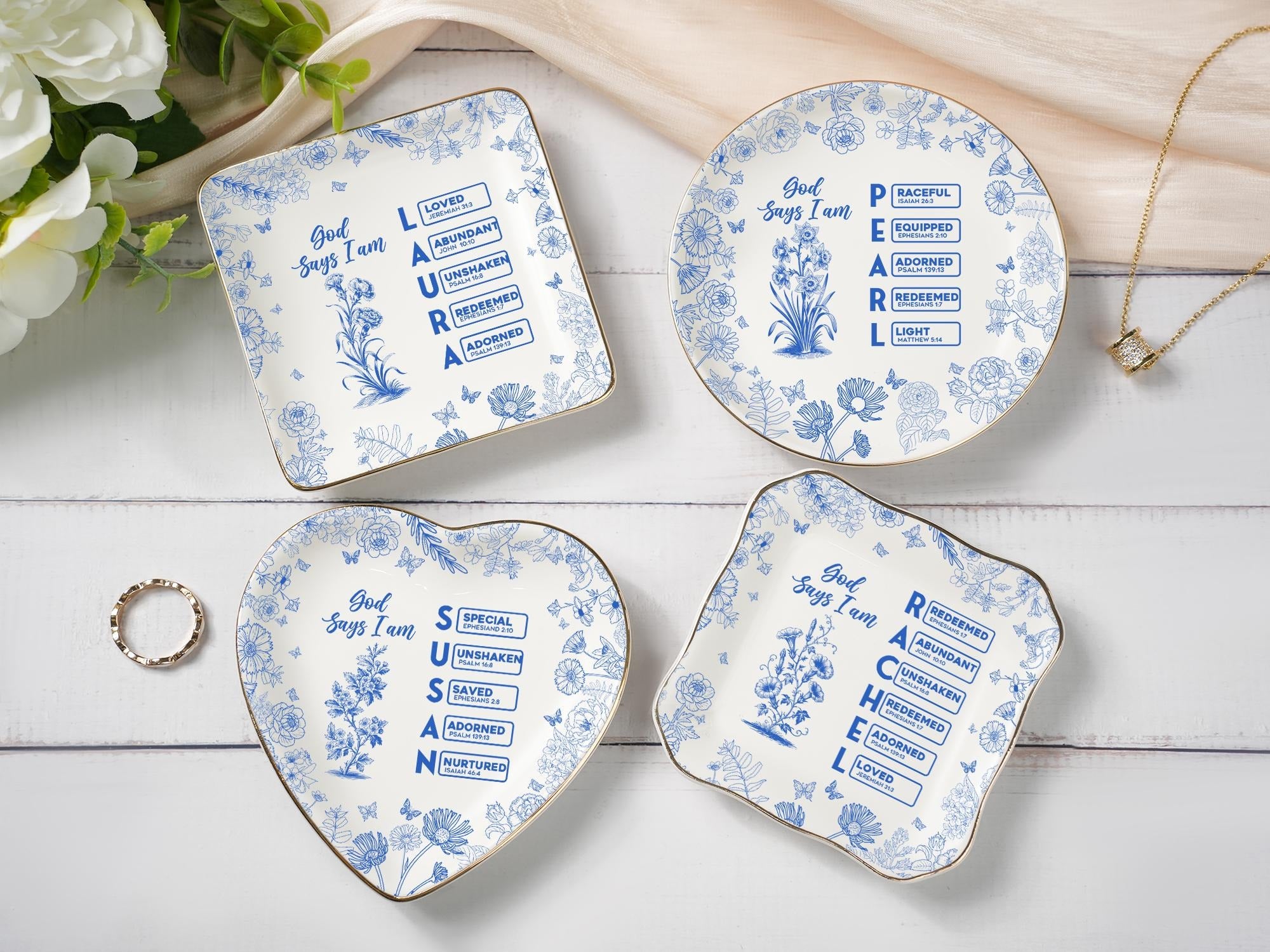 Personalized Christian Name Jewelry Dish, Ring Dish With Bible Verses, Custom Scripture Gift, God Says I Am Toile De Jouy, Religious Gift JDLAF01